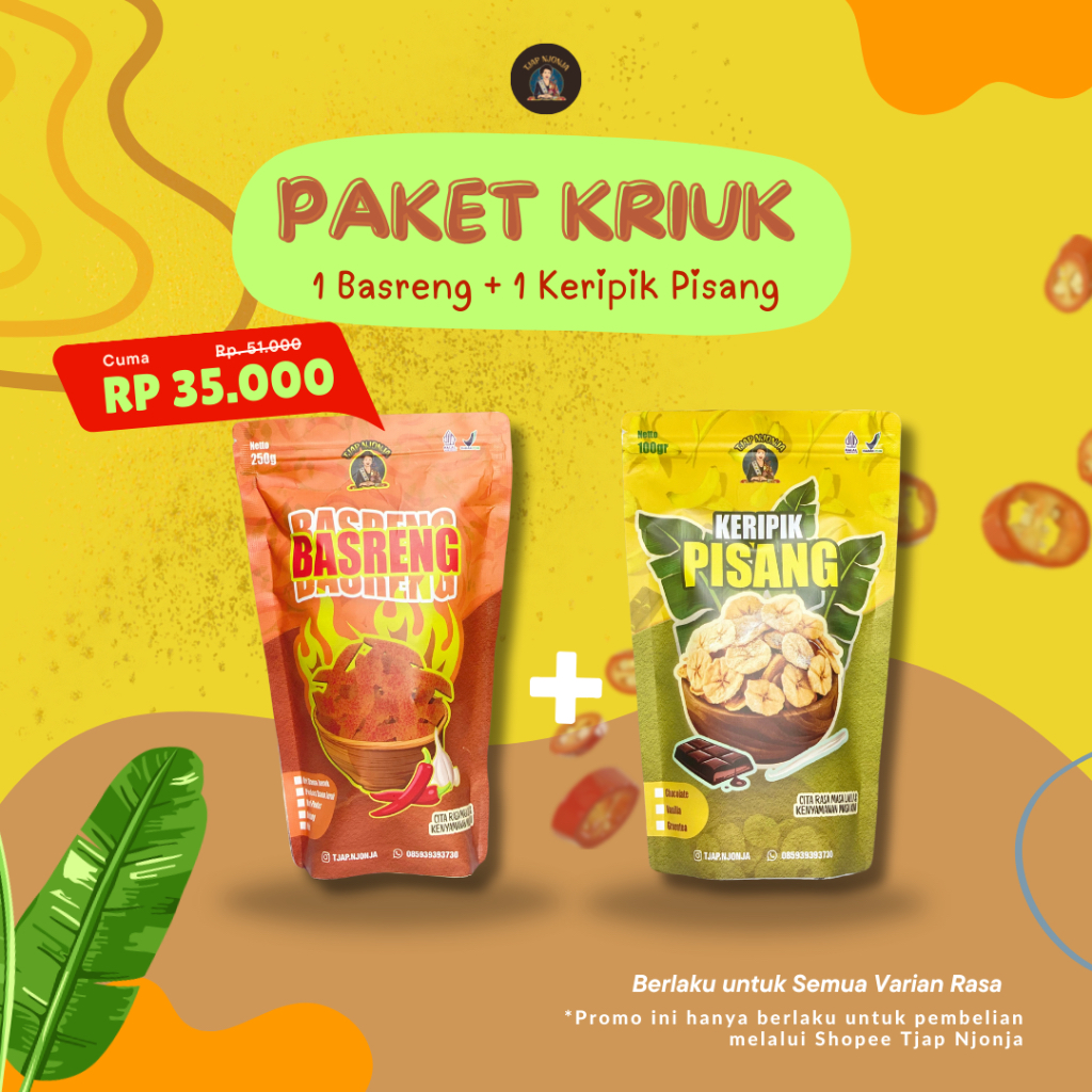 

Paket Kriuk - Tjap Njonja | 1 Bungkus Keripik Pisang + 1 Bungkus Keripik Basreng (Semua Rasa)