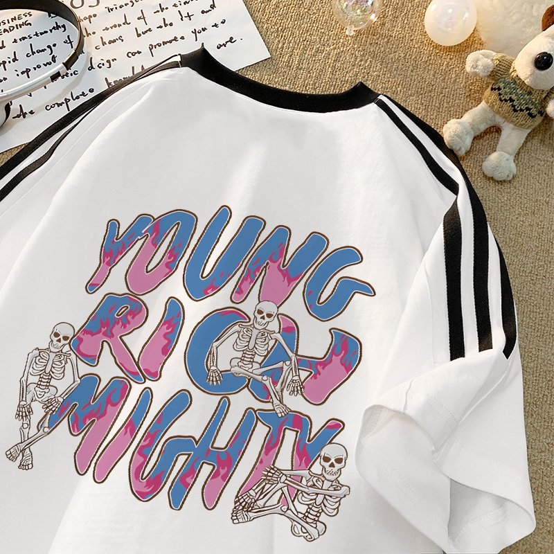 Forteid cetakan huruf hip hop kartun yang lucu Baju Oversize Bergaris Bahu Korean Style Kaos Longgar