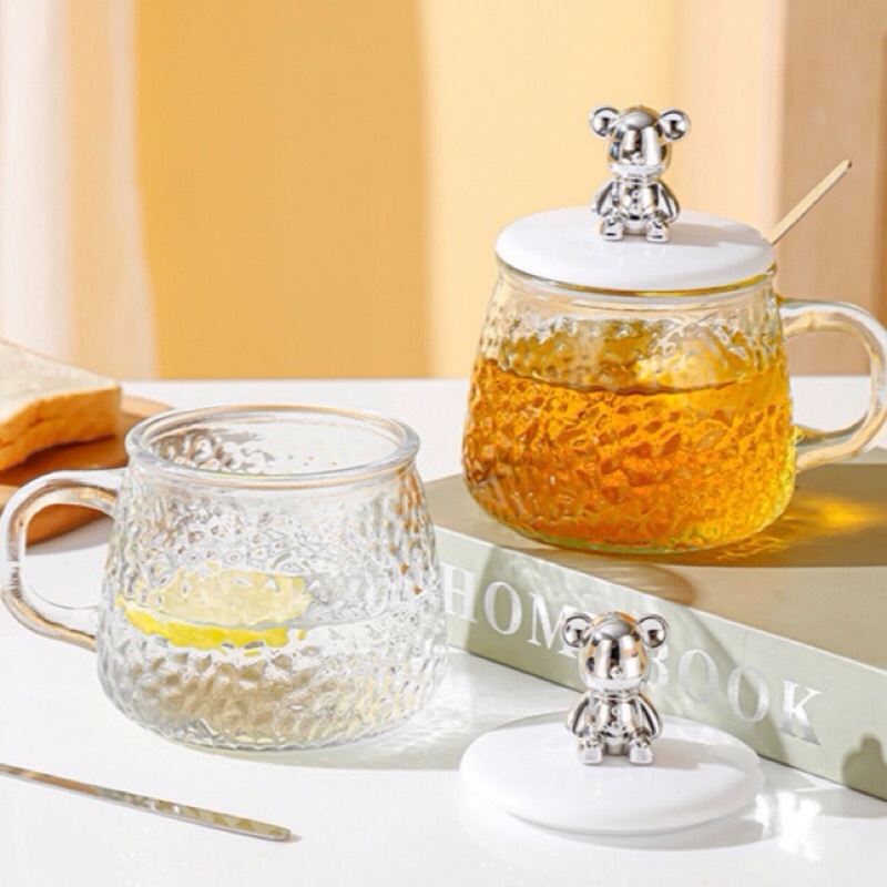 GELAS KACA TUTUP BERUANG GELAS TEH KOPI KACA HANDLE UKURAN MINI 350 ML GELAS CANTIK