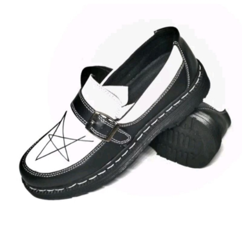 Sepatu Penny Loafers Docmart Bintang Hitam Putih Vintage Pria Wanita Formal Casual