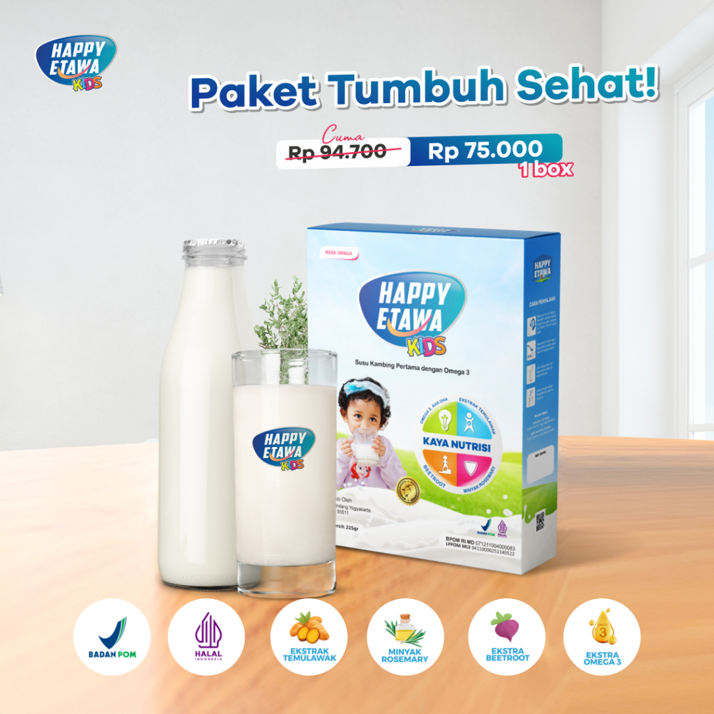 

BANTU ANAK TUMBUH SEHAT - 1 BOX HAPPY ETAWA KIDS VANILLA - SUSU KAMBING ETAWA UNTUK ANAK - BISA COD