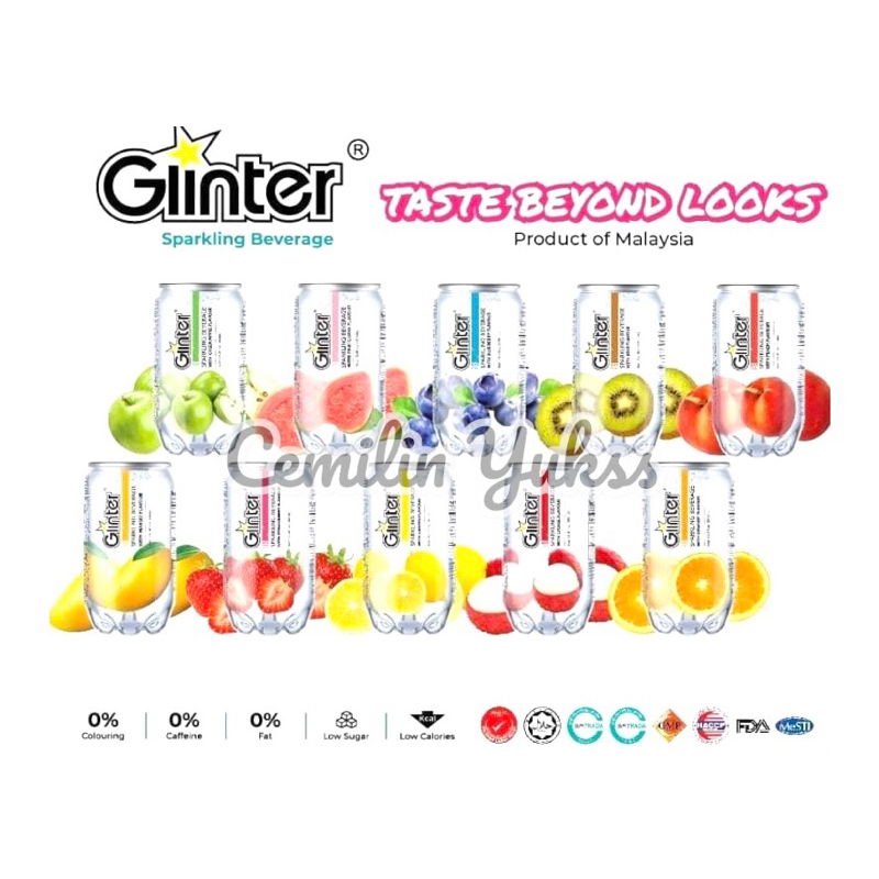 

Glinter Sparkling Beverage With Fruit Flavour 350ML Minuman Soda Rasa Buah 0 Cafein 0 Fat 0 Coloring Low Fat Low Calories