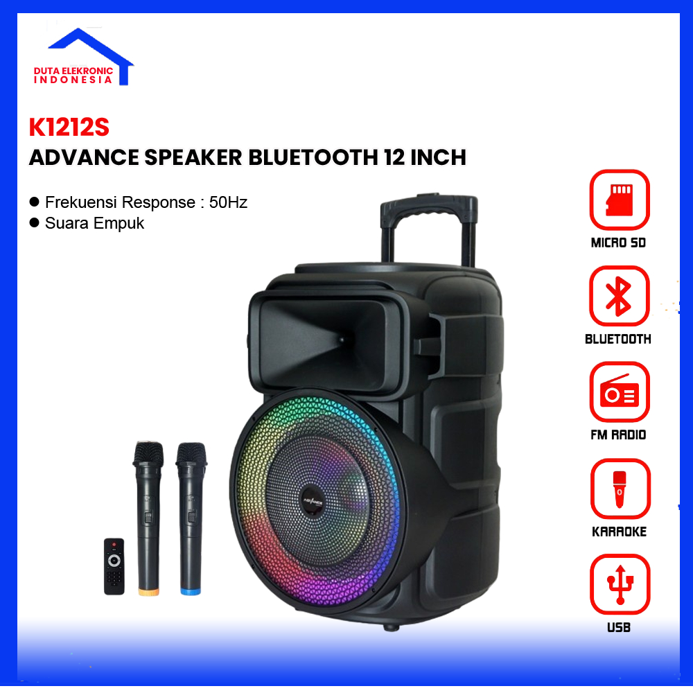 Advance Speaker Bluetooth 12 Inch K-1212S  Portable Free Mic Wireless