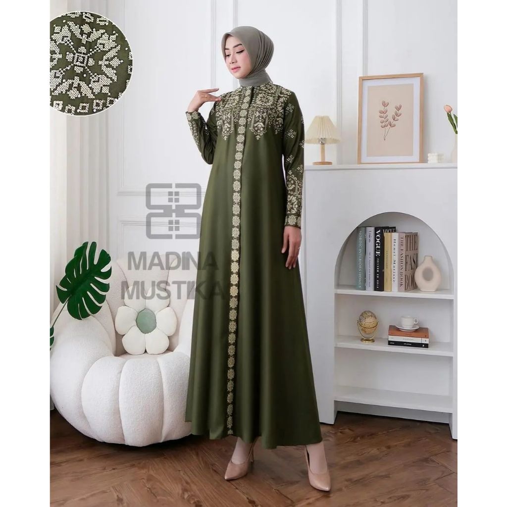 Madina Dress Bordir Baju Gamis Crinkle Airflow Gamis Lebaran 2024 Model Terbaru Gamis Hitam Pengajia