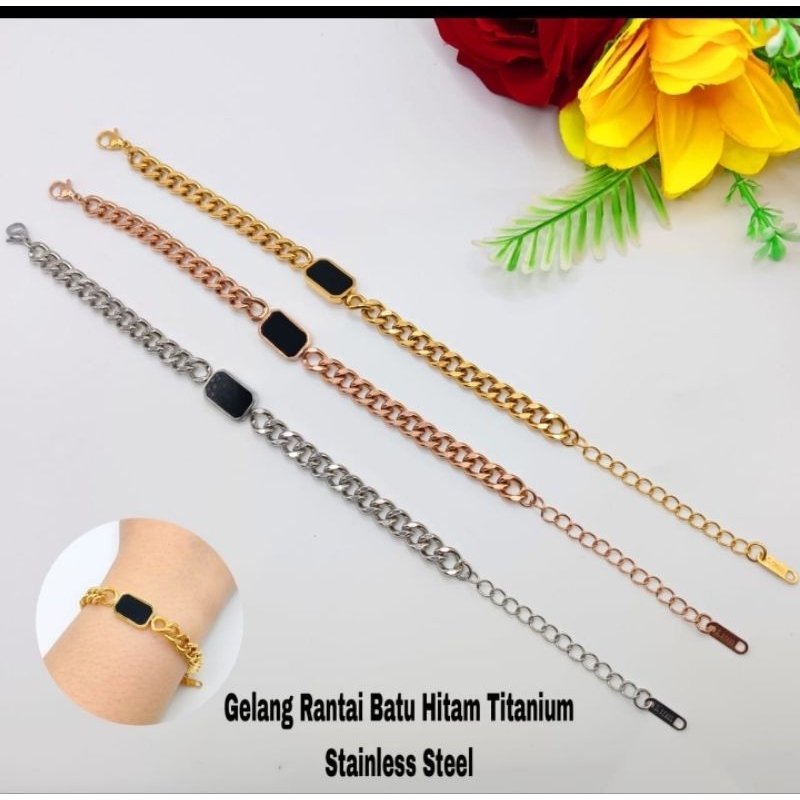 gelang rantai kotak hitam titanium wanita