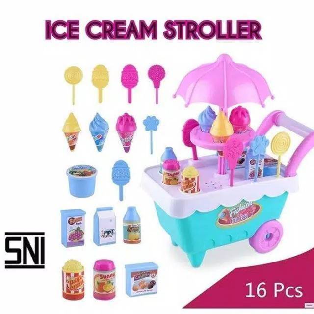 ( BISA COD ) PROMO Mainan Anak Gerobak Es Krim Besar Ice Cream Stroller Permen Keranjang DIY Play Se