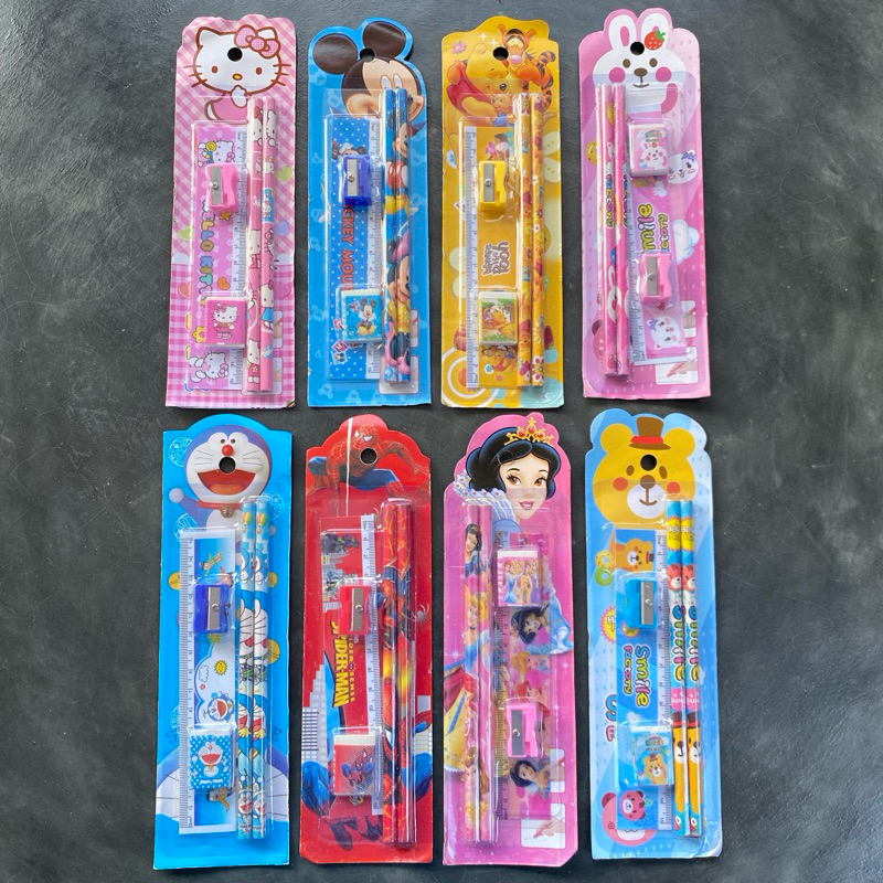 

5in1 Alat Tulis Sekolah Stationery Set Karakter Kartun Lucu Pensil Penghapus Penggaris Peraut