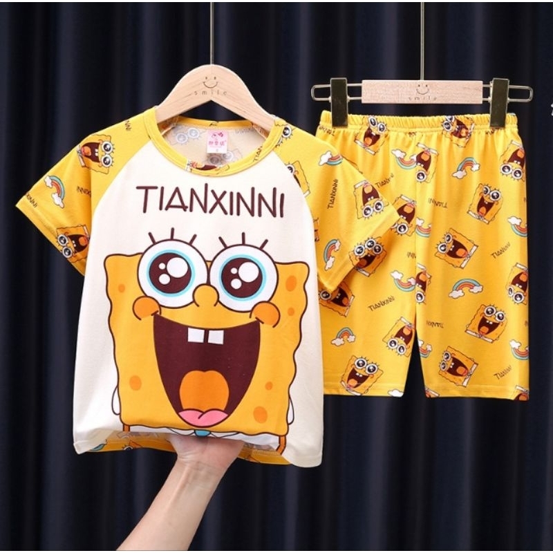 Baju Tidur Anak Setelan Pendek Piyama Import Motif Kartun Spongebob, One peace, shinchan& Pikachu