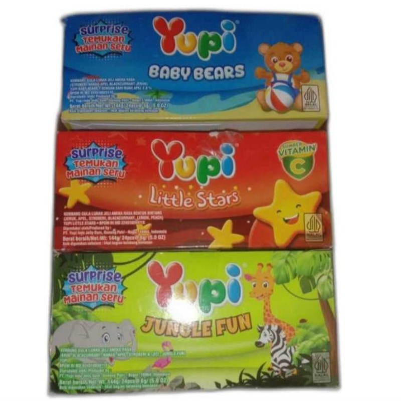 

Yupi Baby Bears Box 24 Isi 24, Yupi Little Stars Box Isi 24, Yupi Jungle Fun Box Isi 24, Yupi Ice Cream Cone Box Isi 24, Yupi Berri Bonz Box Isi 24, Yupi Seaworld Box Isi 24