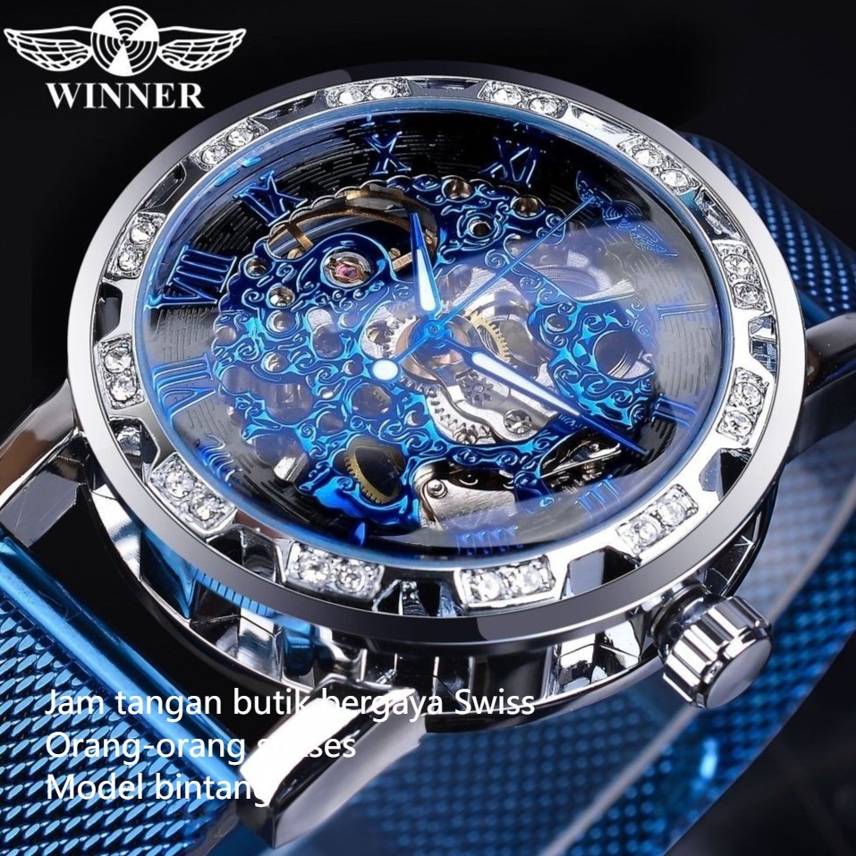 Jam Tangan Mekanis Pria, Arloji Pria Mesin Bercahaya Berlian Modis Berongga Transparan