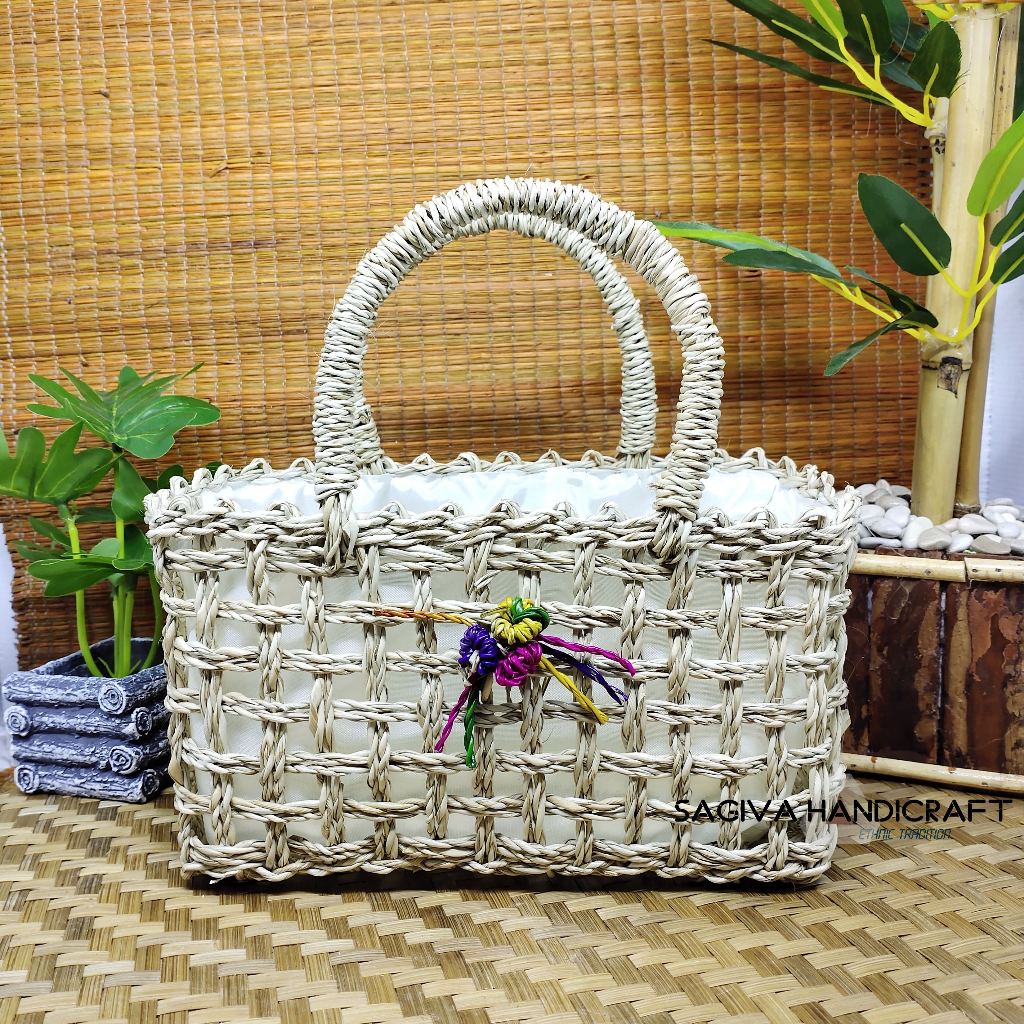 Tas Anyaman Pandan Lilit Kotak Mini Pelangi