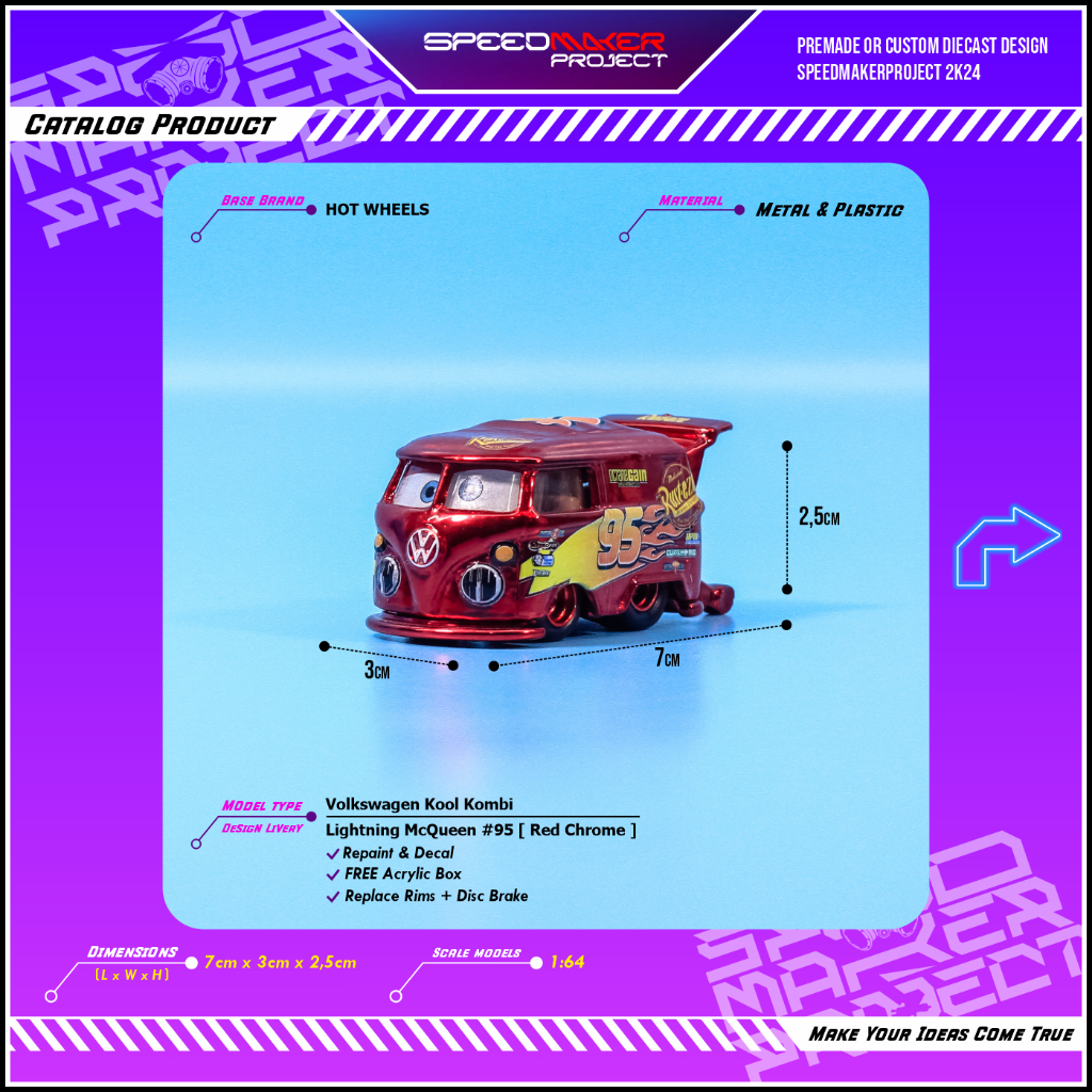 Hot Wheels Custom Volkswagen Kool Kombi Lightning McQueen Diecast Miniatur Mobil 1:64 Red Chrome