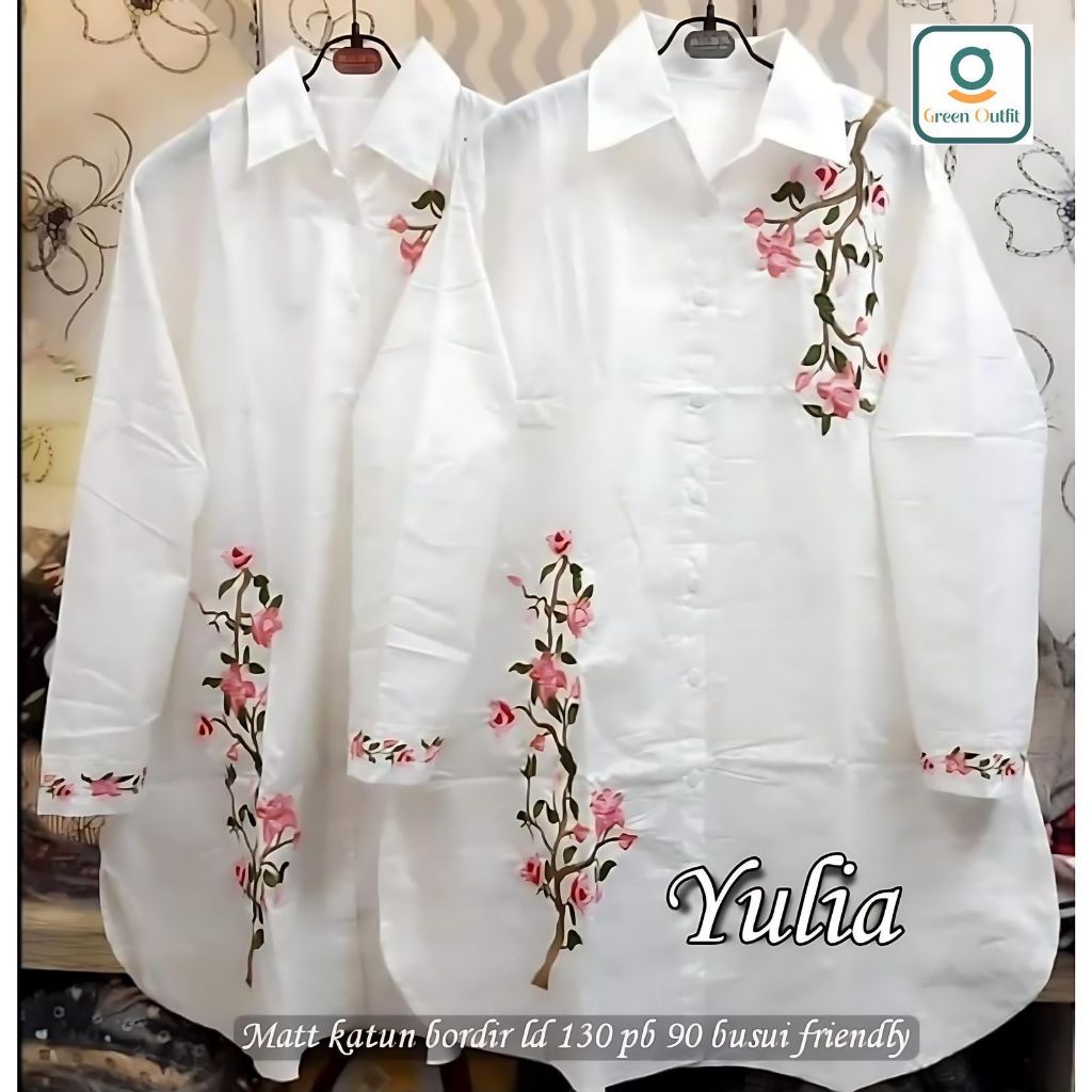 Yulia baju blouse kemeja atasan wanita muslim jumbo ld 130 katun bordir polos putih kekinian terbaru