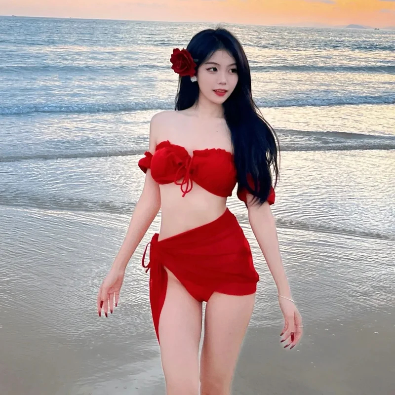 Women Sexy Swimwear Solid Bikini 3-piece Swimwear Sleeveless Summer New Korea Split Beach Female Swi
