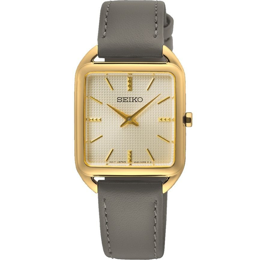 Seiko SWR090 Classic Madam Gold Dial Grey Leather Strap Jam Tangan Wanita Quartz