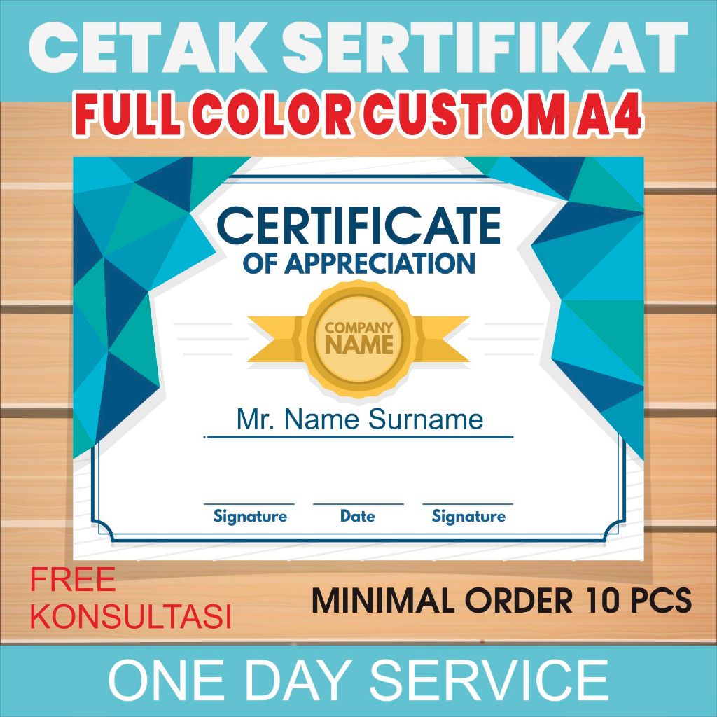 

Cetak Sertifikat Piagam Full Color Custom A4