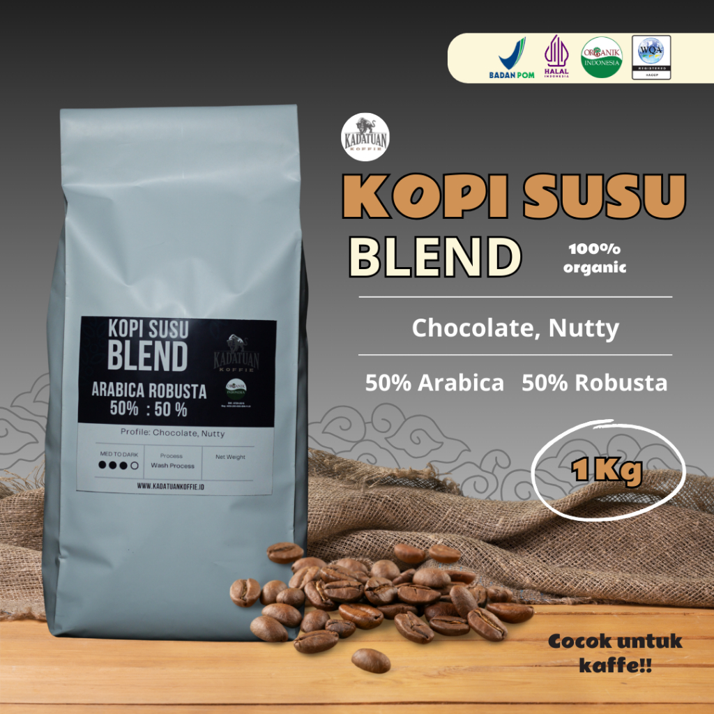 

Kadatuan Kopi Susu Blend Biji Kopi Bubuk 1kg 50% Arabica 50% Robusta Jawa Barat