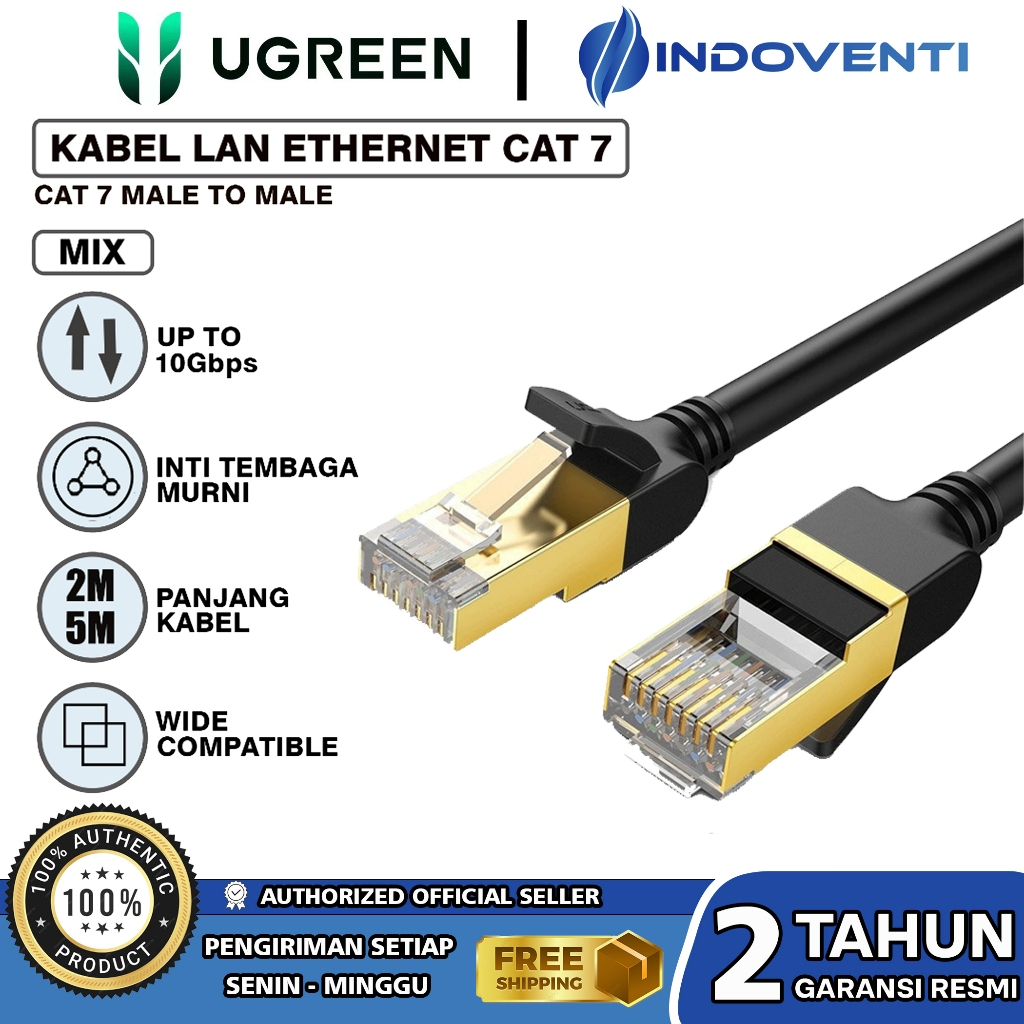 UGREEN Kabel LAN Cat 7 RJ45 Flat Gigabit Ethernet Internet  Router Modem 10Gbps For PC Komputer Moni