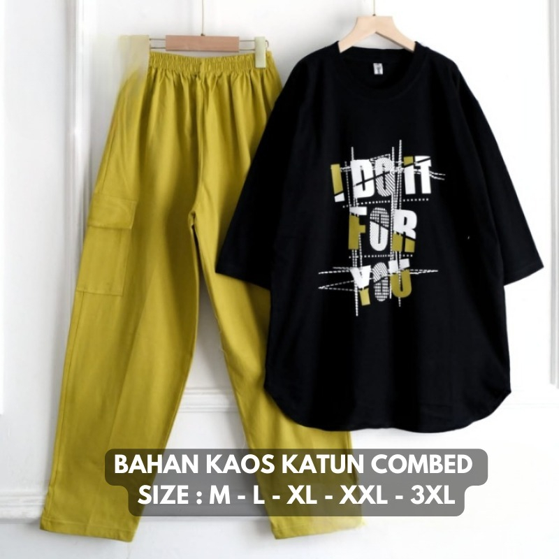 Baju Setelan Wanita Kekinian Enisa Set BO Bahan Kaos Katun Combed Aplikasi Sablon Size M L XL XXL 3X