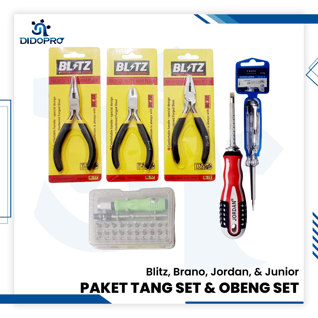 Paket Tang Set & Obeng Set - Tang Kombinasi, Tang Lancip, Tang Potong, Obeng HP 32 in 1, Obeng Bolak