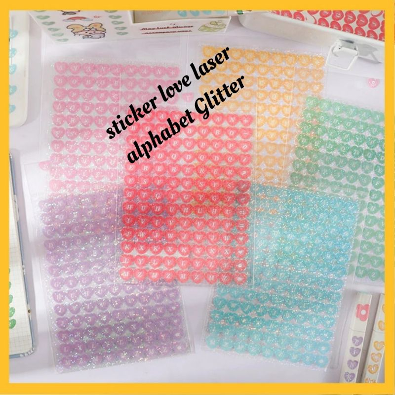 

DY PACK STICKER LOVE LASER ALPHABET GLITTER AESTHETIC | STIKER DECO JOURNAL HATI ABJAD