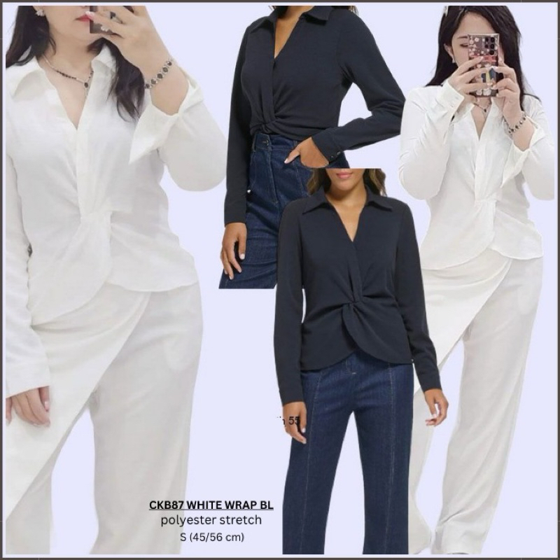 Blouse Wanita Murah Lengan Panjang 87 White Wrap Bl