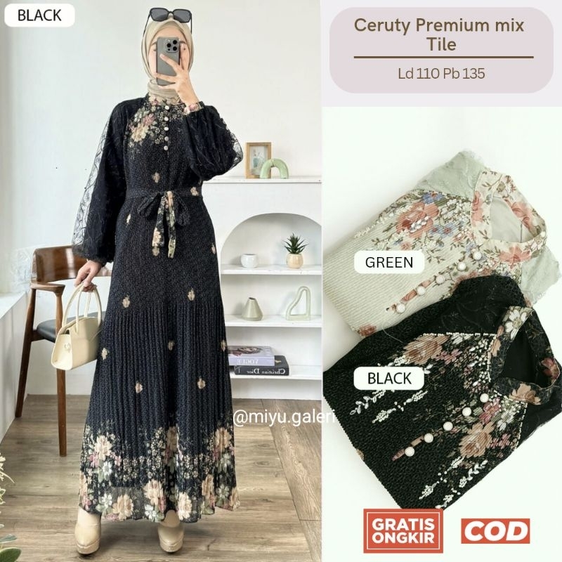 Gamis Ceruty Prrmium Plisket mix Brukat Akar Premium Elegan motif bunga Gamis Kondangan Lebaran lama