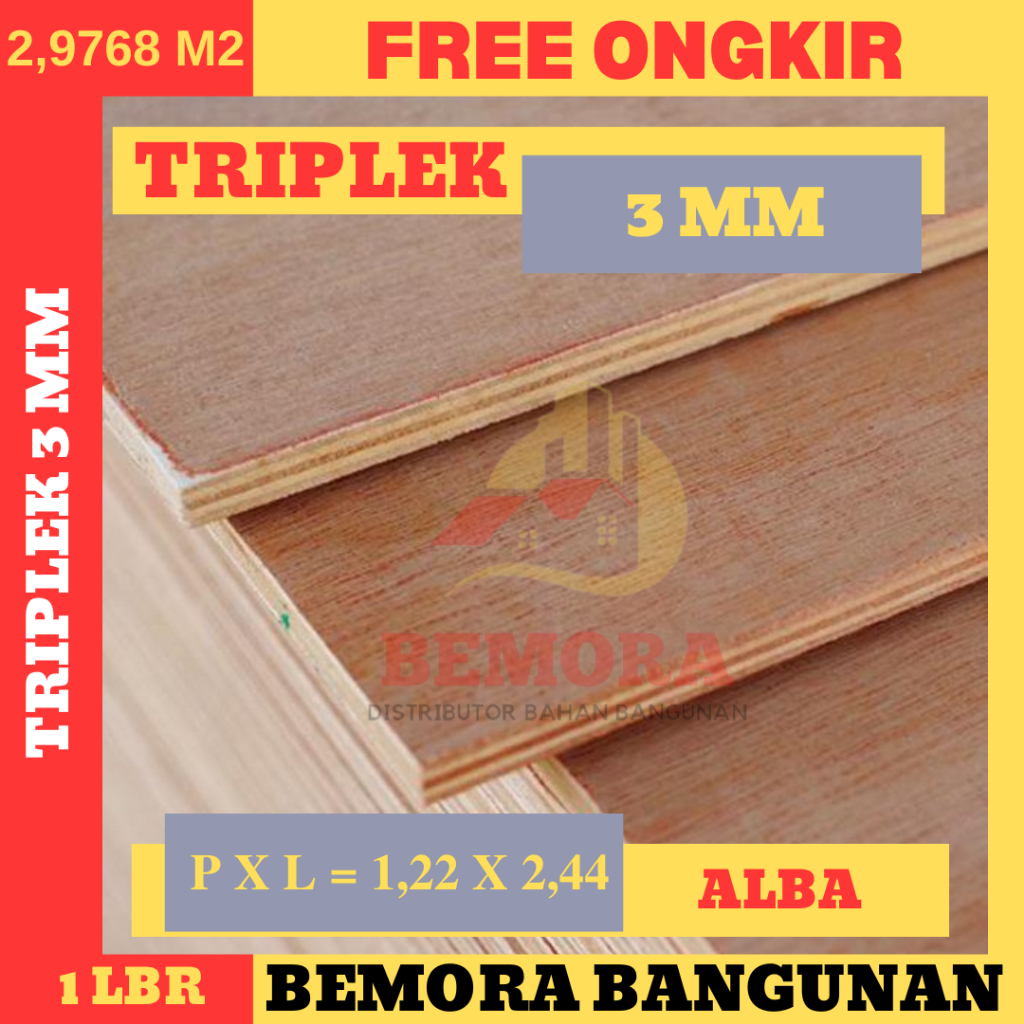 Triplek 3 mm cor Alba Uk 122 x 244 (Harga Grosir & Free Ongkir)