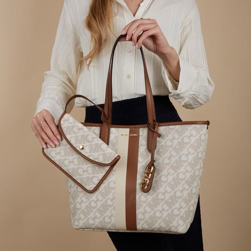 Michael Kors MK Eliza Large Empire Signature East-West Stripe Open Tote Bag in Monogram Canvas