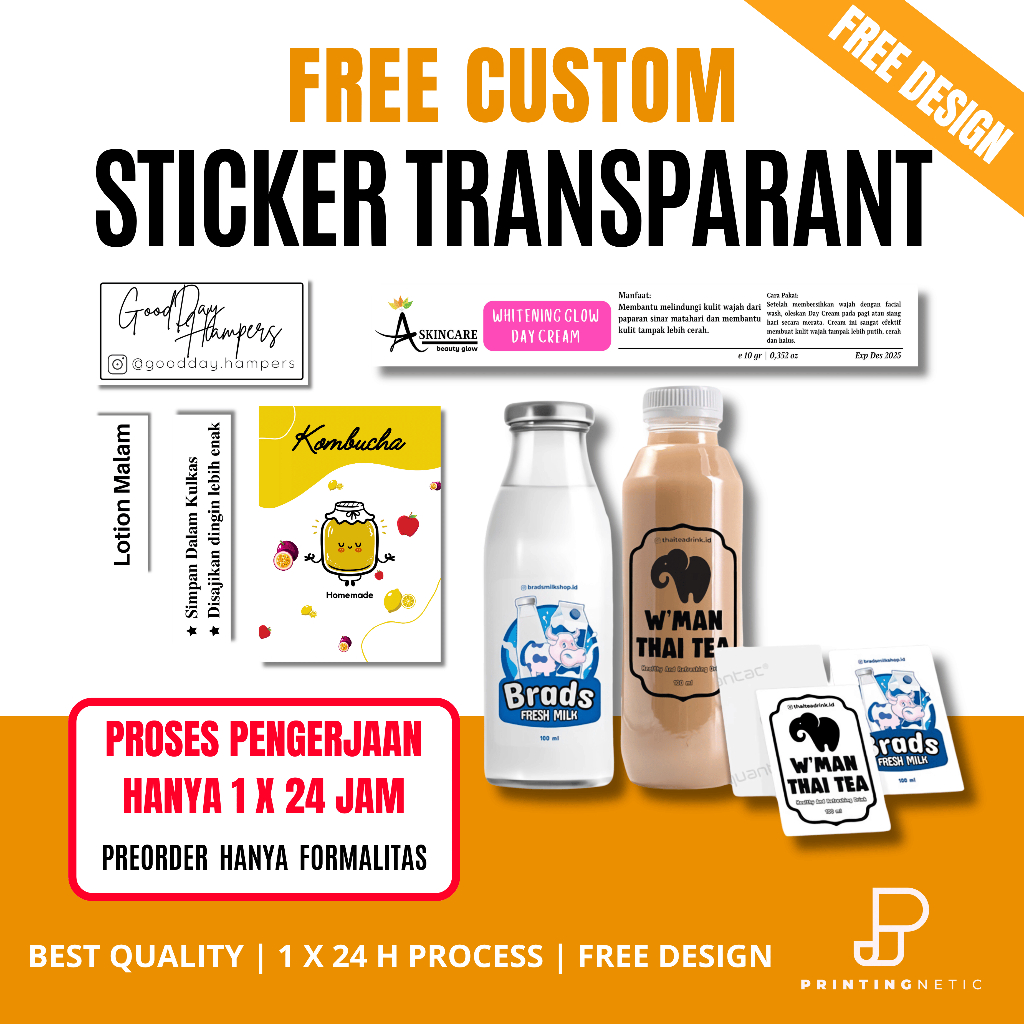 (FREE DESIGN) Custom Sticker Transparant /Logo / Minuman / Jus / Sticker Botol Bening / Makanan