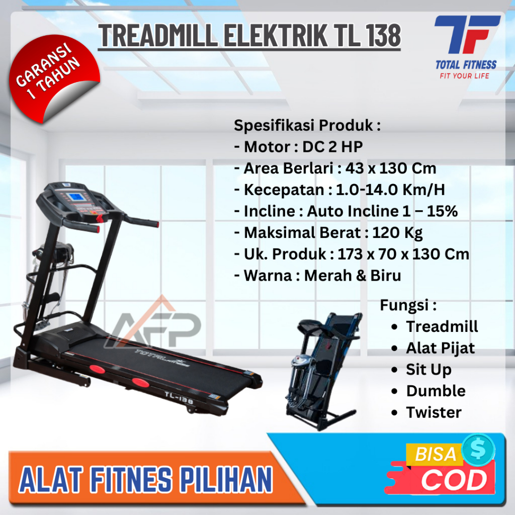 Alat Fitness Treadmill Elektrik Motor 2 HP TL-138 Total Fitness - Alat Olahraga Lari Treadmill 5 Fun