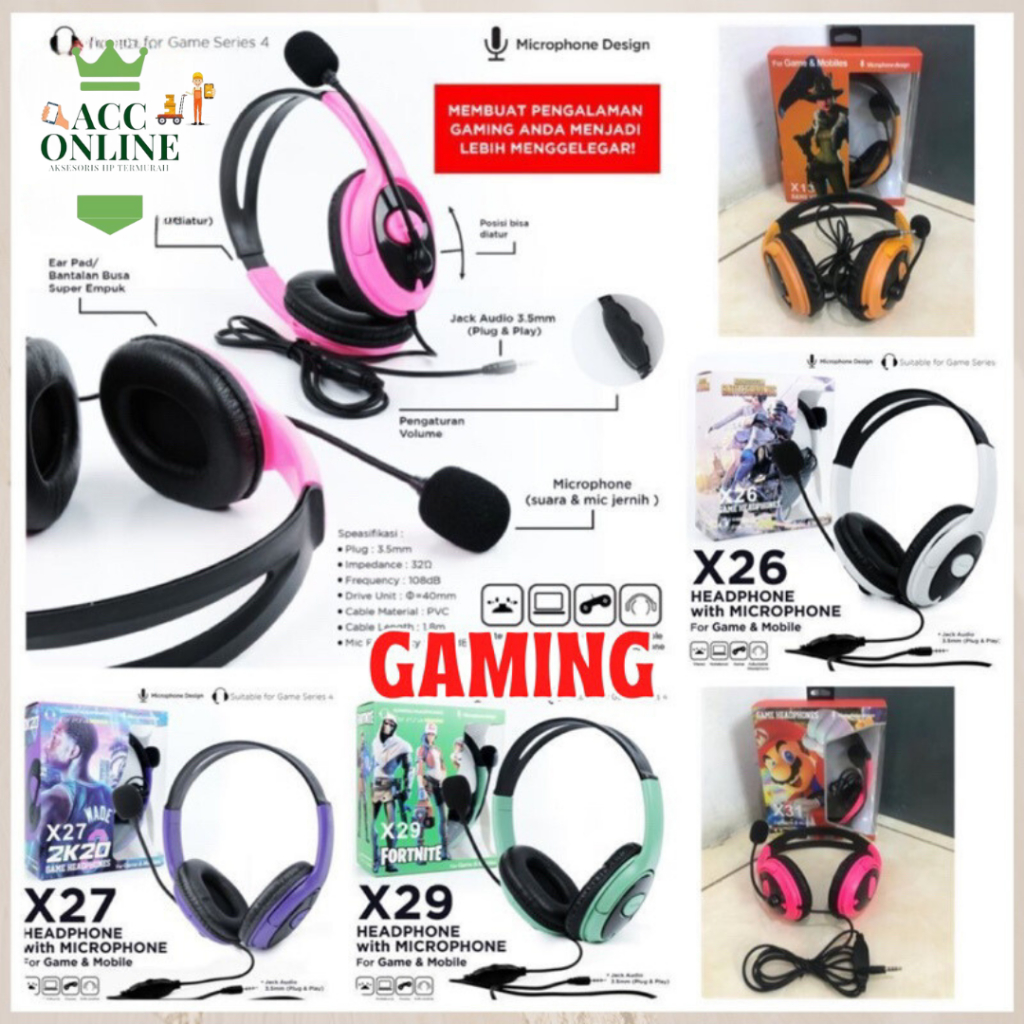 HEADPHONE HEADSET GAMING HP X22 X24 X25 X26 X27 X28 X29 X30 X-22 HANDSFREE GAMER PLUS MIC