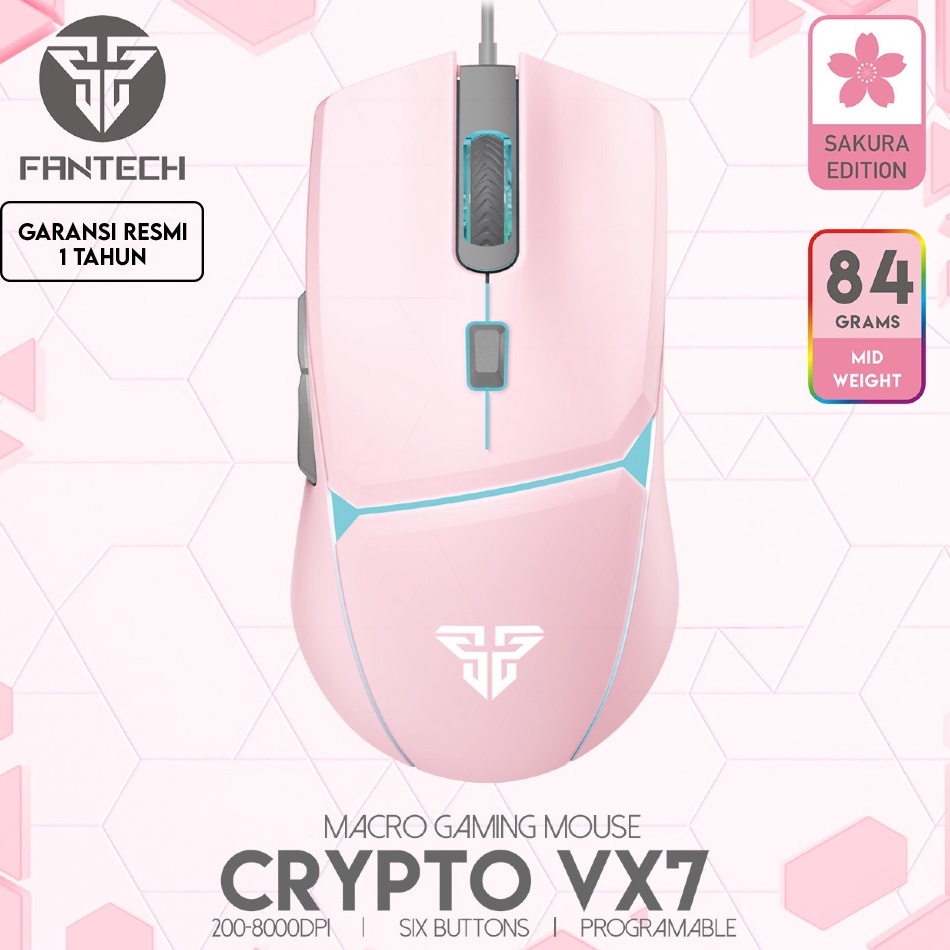KODE W87H Fantech CRYPTO VX7 Sakura Edition Cool Style Pink Color Mouse Gaming Macro 8 DPI 6 Button 
