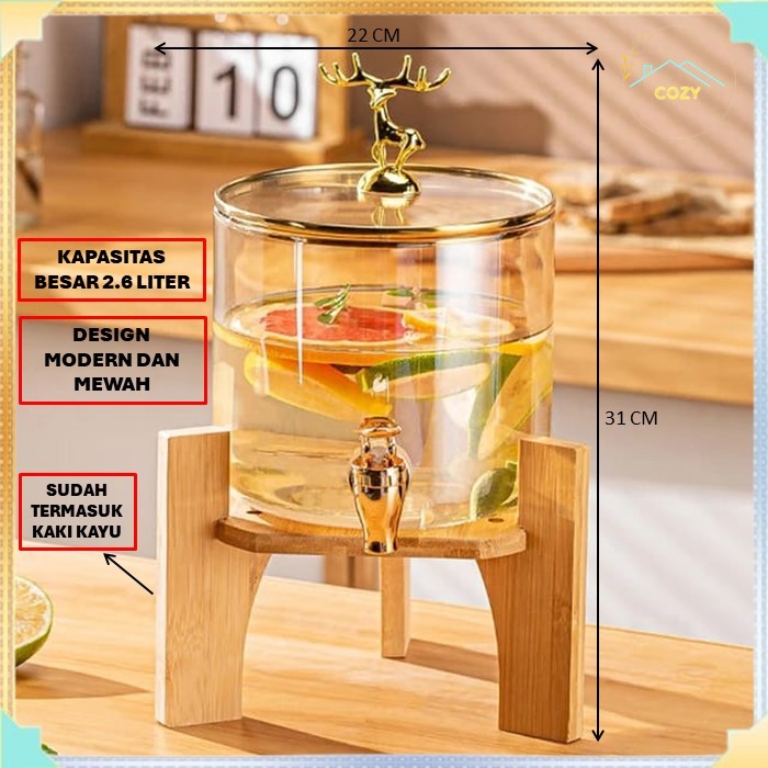 DISPENSER AIR KACA GLASS + KAKI KAYU KAKI BESI 3.6 L  2.6 L POLOS  3600 ML 2600ML  MODERN AESTHETIC 