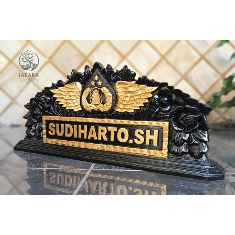 

papan nama meja ukir kayu jati custom logo tribata polri