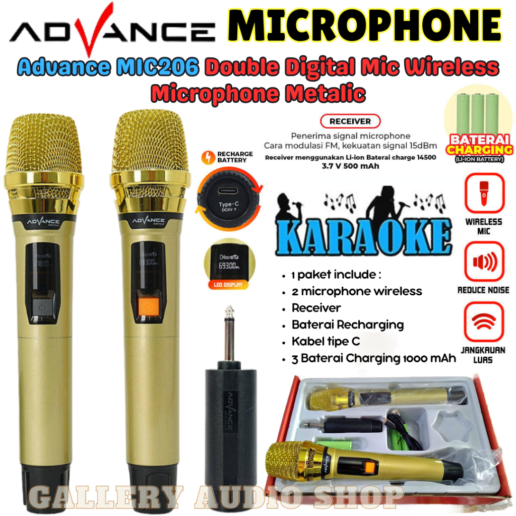 ADVANCE Mic Karaoke Bluetooth Mic 206 Isi 2Pcs Bisa Di Cas | Microphone Profesional Wireless Advance