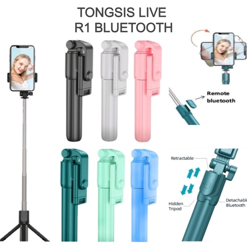 Tripod Tongsis R1 Magic Selfie Stick Remote+Phone Holder Selfie Stick Bluetooth Shutter Macaron 3IN1