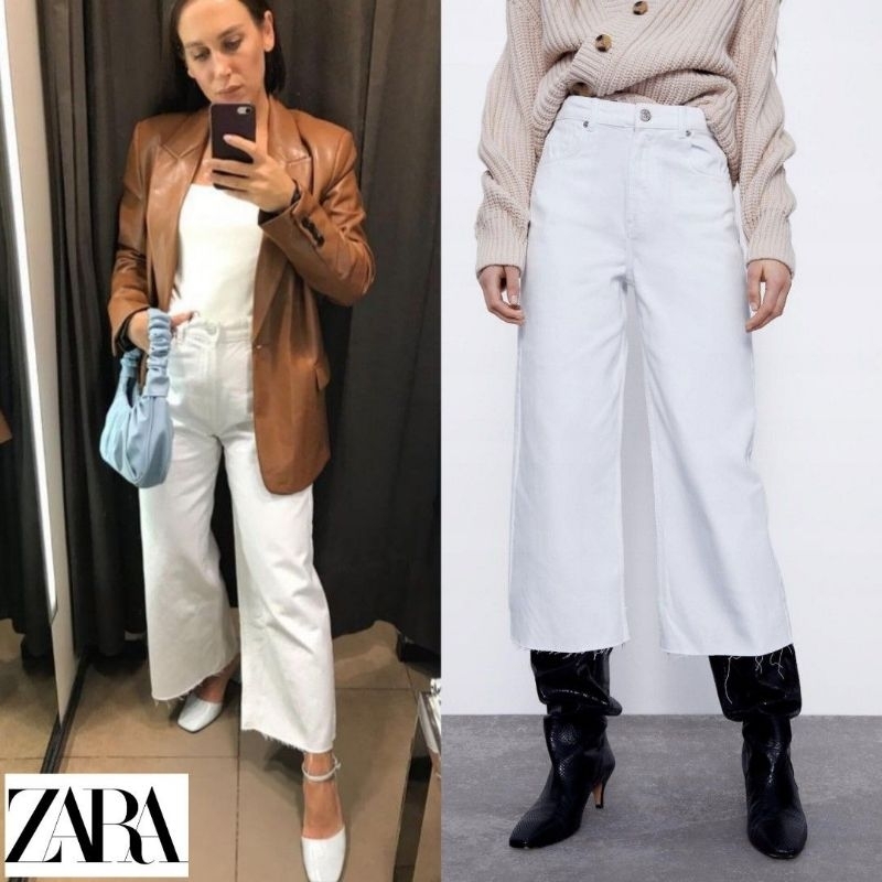 [ZARA] Hi-Rise Wide Leg Fringe Culotte Jeans Pants Crop Trouser Flare Pocket White / Celana Panjang 