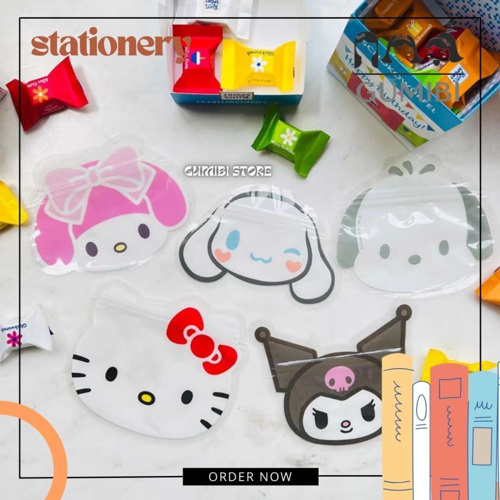 POUCH ZIPPER KEPALA SANRIO PLASTIK KEMASAN AKSESORIS MINI MOTIF SANRIO LUCU KEMASAN LUCU SANRIO GUMI