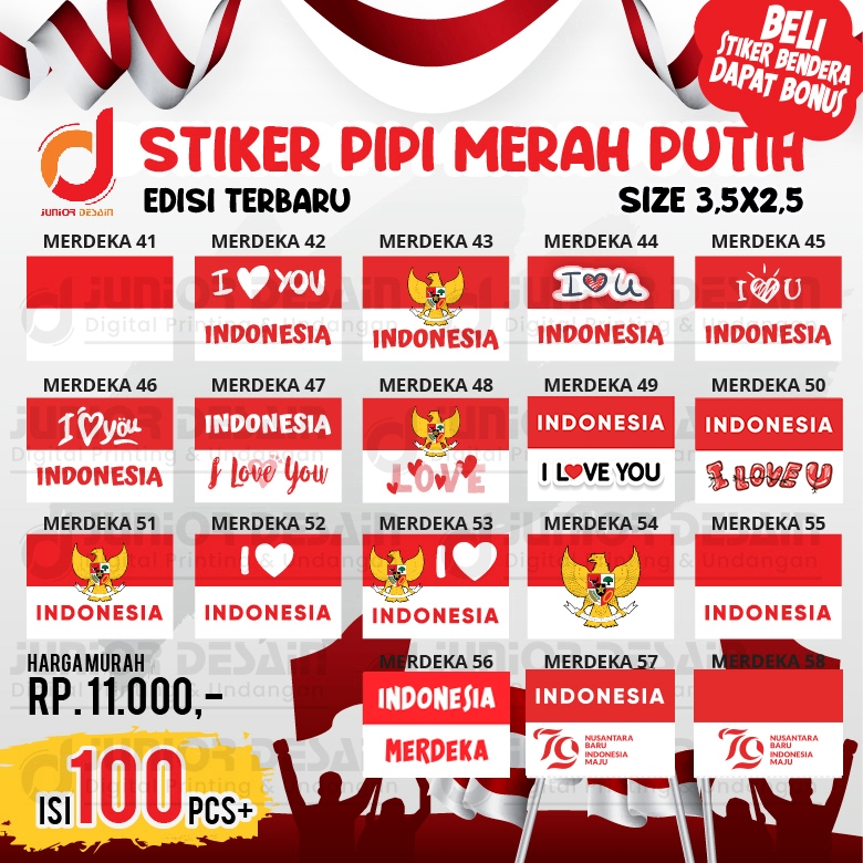 

100pcs Tempelan Sticker / stiker Pipi Bendera merah Putih