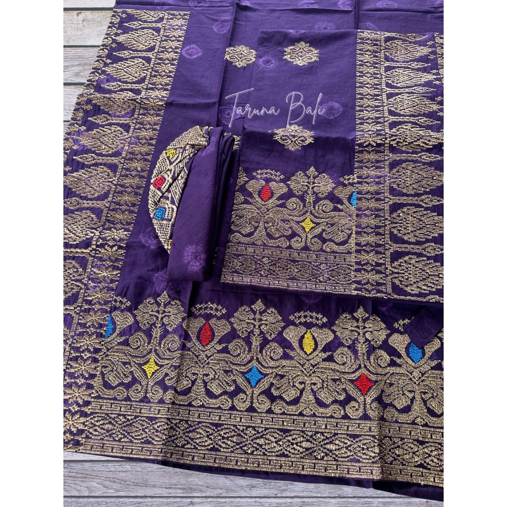 SET COUPLE KAMEN SAPUT UDENG SONGKET BORDIR | PAKAIAN ADAT BALI | JUMPUTAN UNGU GOLD
