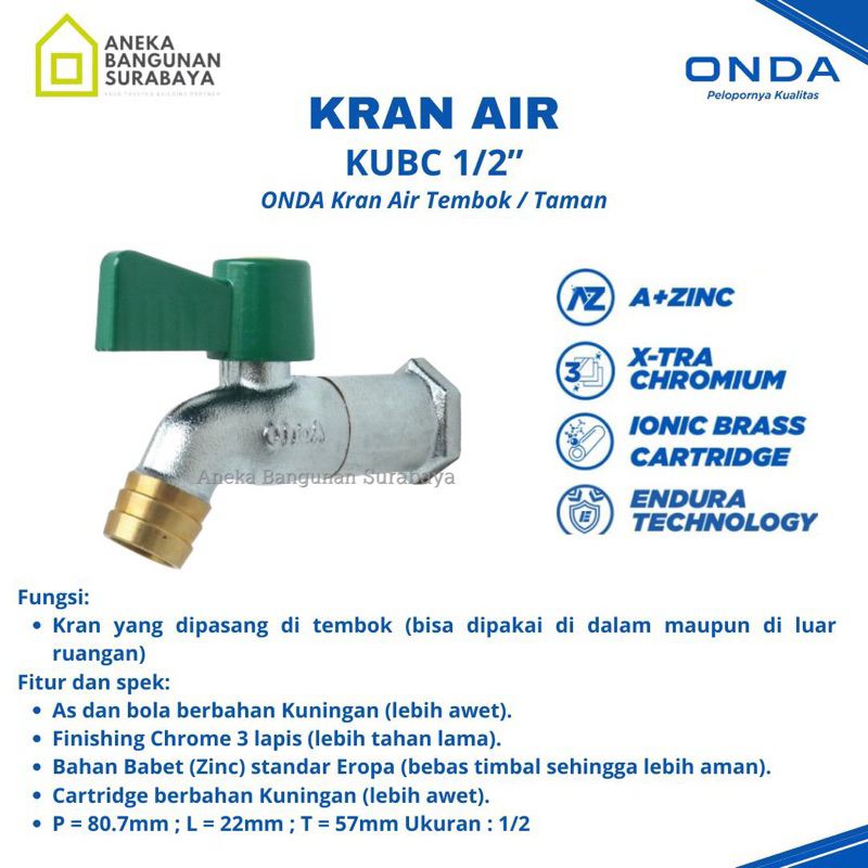 Kran air ONDA KUBC 1/2” 3/4" keran tembok taman plastik hijau