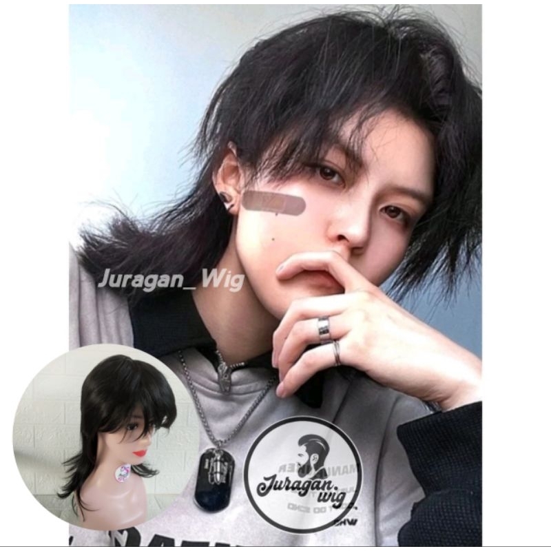 WIG RAMBUT PRIA MULLET PANJANG KUNCIR HITAM NATURAL