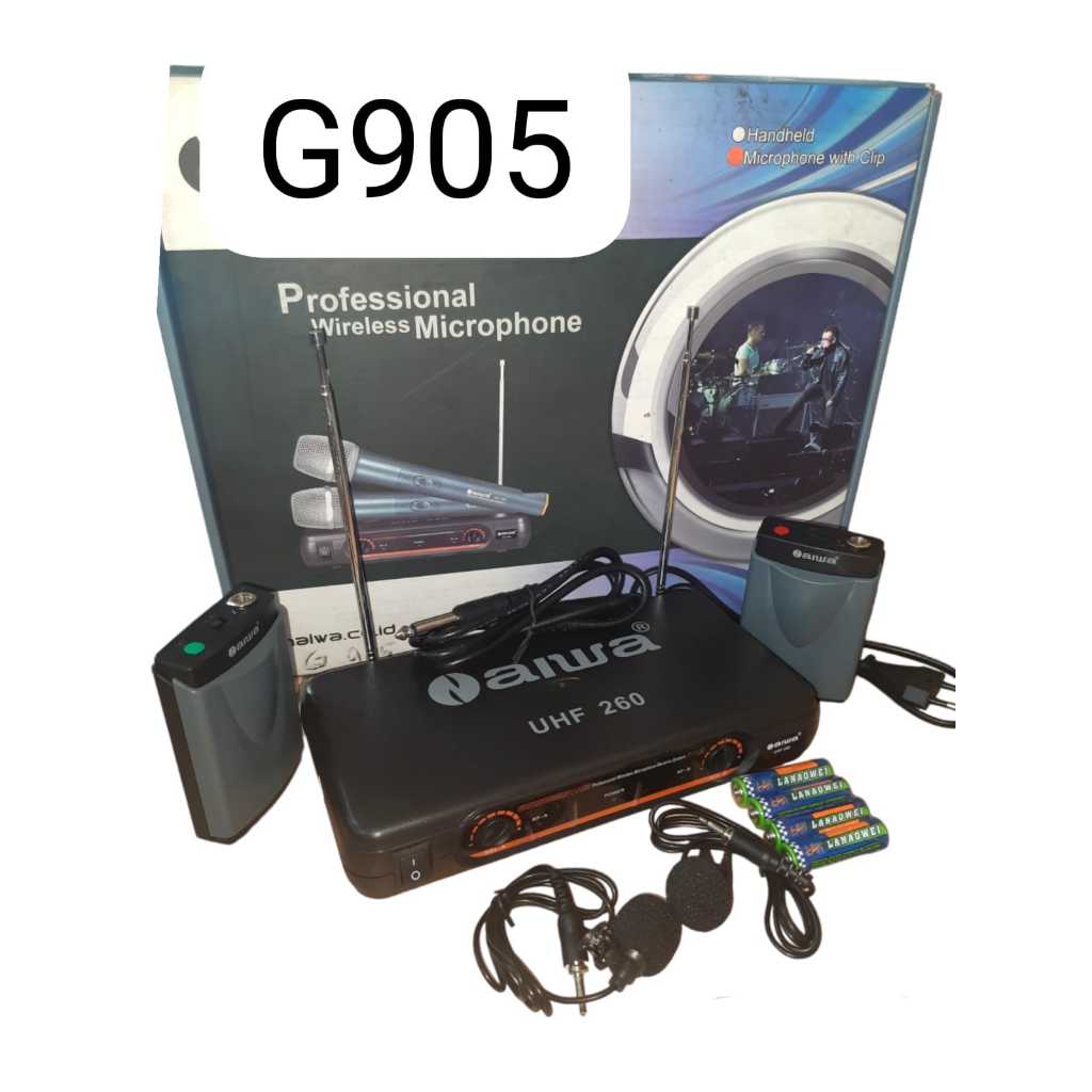 G905 ORI MIC JEPIT WIRELESS AIWA UHF KLIP CLIP ON 2 SET MIX DUAL UHF DOUBLE SET MICROPHONE DUAL