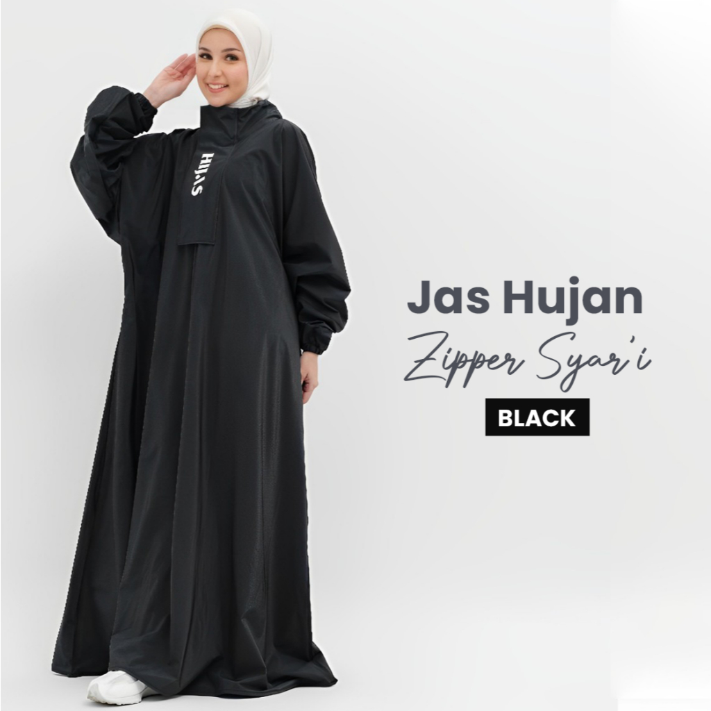Shofiya - Jas Hujan Gamis Wanita Warna Hitam Lucu Tebal Korea Jumbo Variasi Zipper