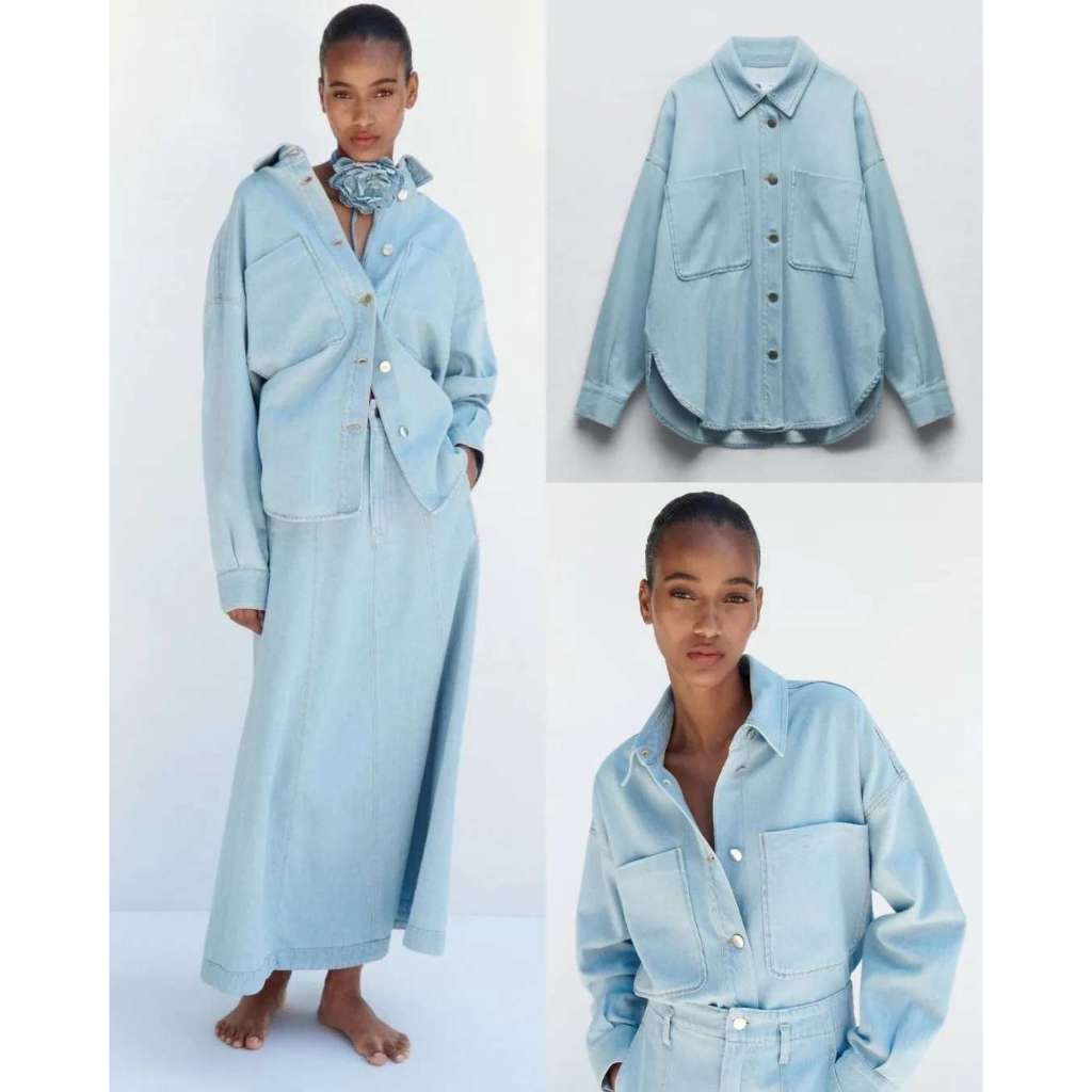 Kemeja Denim Wanita Zara Pocket Denim Oversized Shirt
