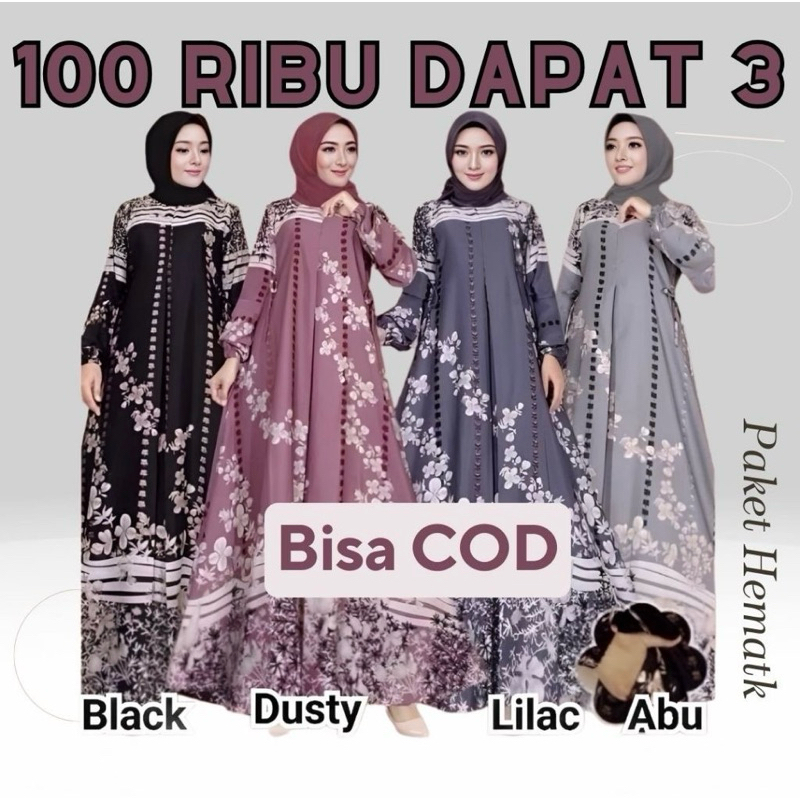 ( Promo gebyar 90 ribu dapt 3 pcs ) Gamis Hyget Shelena Teratai Lengan Kerut Busui Bunga Gradasi JUM