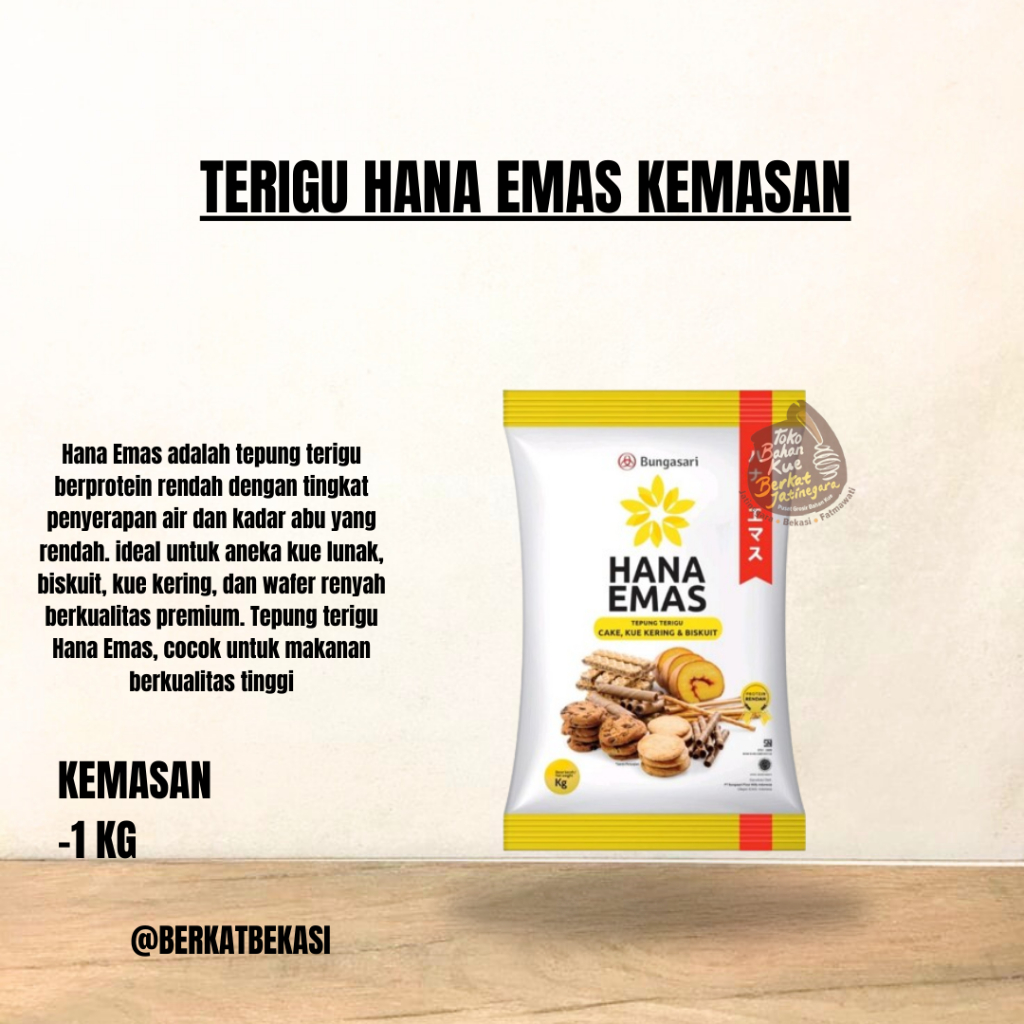 

BUNGASARI HANA EMAS TEPUNG TERIGU PREMIUM CAKE DAN COOKIES 1 KG / 1 KG