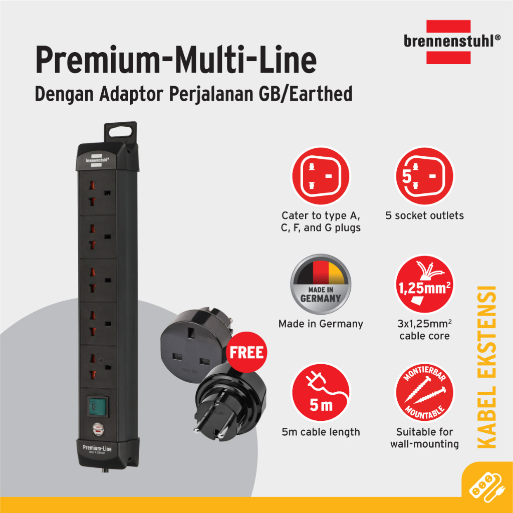 Brennenstuhl 1156007155 - Kabel Extension Stop Kontak Universal 5 Soket 5m Hitam