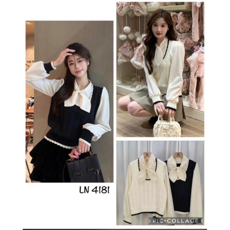 Blouse wanita kombinasi rajut mix katun import premium